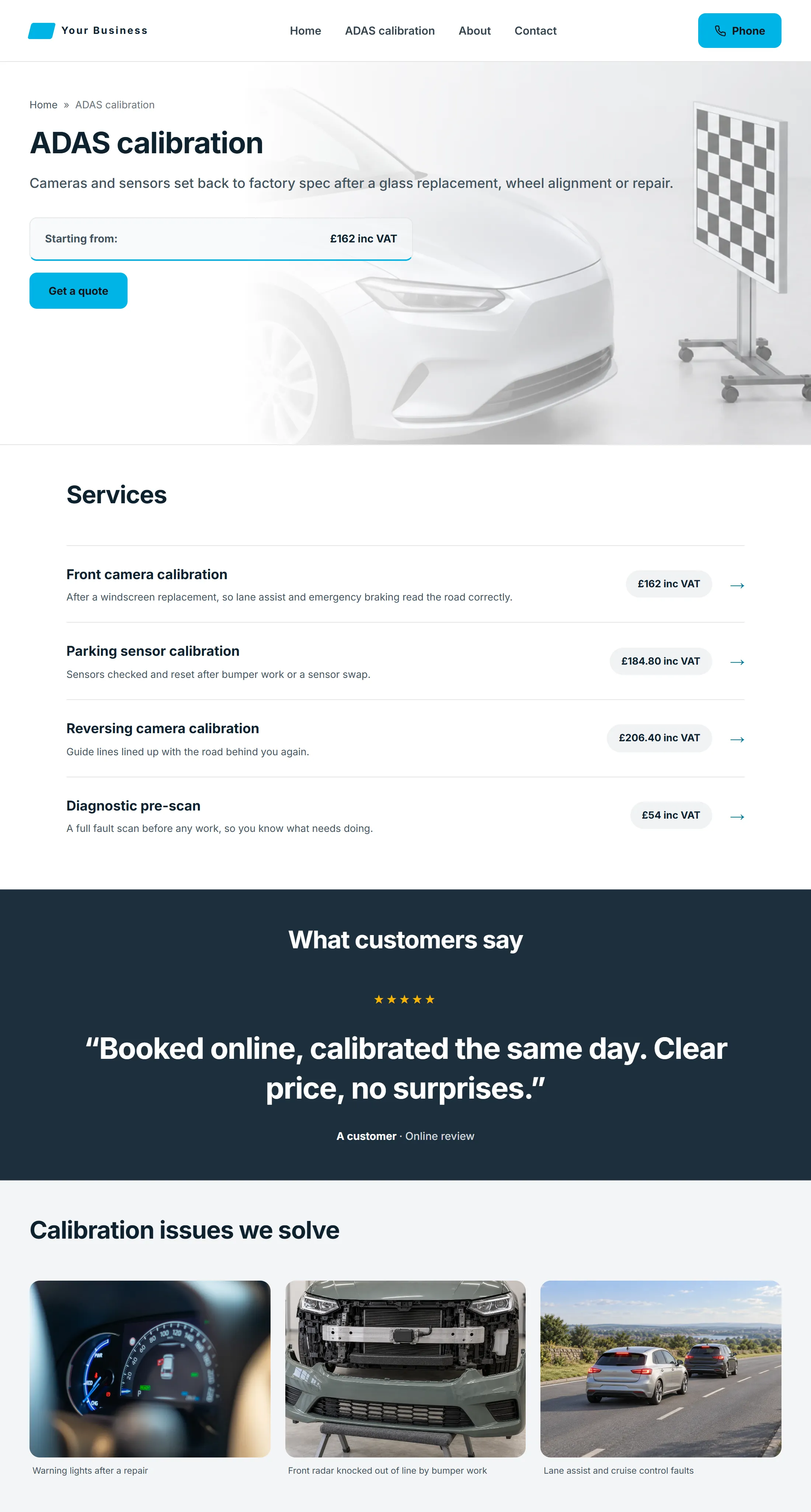 Example of a WMH service page for ADAS calibration, with prices, a review and photos of the work